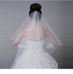Bride On A Budget Special 2 Tier Wedding Cream Bridal Veil - Scolloped Edging & Pearl Beading