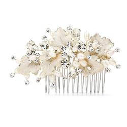 Mariell Couture Bridal Hair Comb With Hand Painted Gold Leaves Freshwater Pearls And Crystals