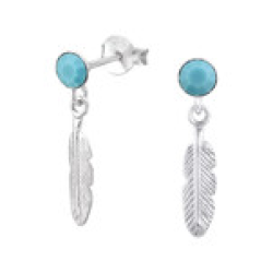 C478-C33426 - 925 Sterling Silver Turquoise Boho Style Leaf Earings - Clear