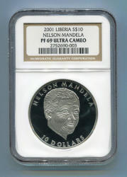 NGC Proof Pf 69 Ultra Cameo Liberia Silver 2001 Nelson Mandela $10 Coin - Rare
