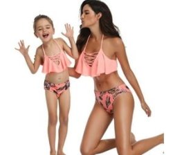 2 Piece Nylon Matching Bikini Swimwear Bathing Suits For Mom Or Daughter - Peach - Leafy Print - Size 1 To 2 Years