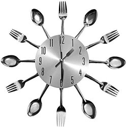 Creative Idear Ingenious Home Sliver Cutlery Utensil Wall Clock Fork Spoon Kitchen Clock