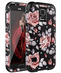 Galaxy S5 Case Skylmw Shock Resistant Series Hybrid Rubber Case Cover For Samsung Galaxy S5 3IN1 Hard Plastic +soft Silicone Rose Flower black