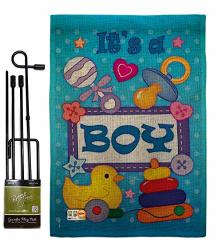 Breeze Decor GS115069-DB Baby Boy Burlap Special Occasion Family Impressions Decorative Vertical 13" X 18.5" Double Sided Garden Flag Set Metal Pole Hardware