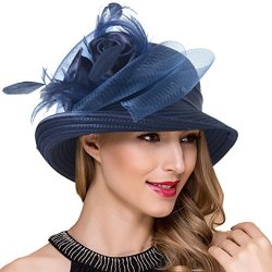 Women Kentucky Derby Church Dress Cloche Hat Fascinator Floral Tea Party Wedding Bucket Hat S052 S608-NAVY