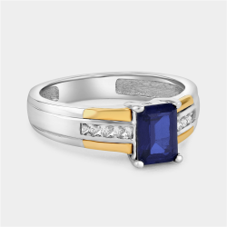 Yellow Gold & Sterling Silver Diamond & Created Blue Sapphire Rectangle Ring