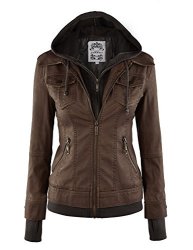 Mbj WJC664 Womens Faux Leather Jacket With Hoodie L Coffee