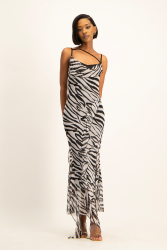 Keira Cowl Neck Ruffle Dress - Black Zebra Print - XS