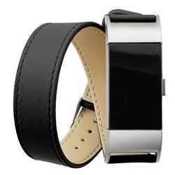 Autumnfall Long Genuine Leather Band Double Tour Bracelet Watchband For Fitbit Charge 2 Black