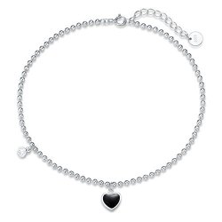 Agvana Sterling Silver Anklet Cubic Zirconia Cz Black Heart Beach Ankle Bracelet Summer Jewelry Gifts For Women Girls 8.7"+ 1.4"