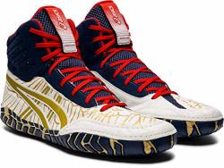 red and gold asics wrestling shoes
