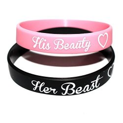 LiFashion Lf 2 Pieces His Beauty Her Beast Heart Love Rubber Couple Bracelet Pink Black Silicone Promise Engagement Anniversary Romantic Bracelets For Him Her Valentine Gift