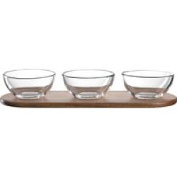 Serving Set For Dips Or Snacks: Wood Tray & 3 Glass Bowls Cucina