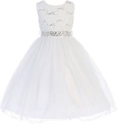 Big Girl Glitters Sequined Bodice Double Layer Tulle Rhinestones Sash Flower Girl Dress White 10 JK3670