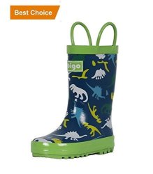 Children's Hibigo Natural Rubber Rain Boots With Handles Easy For Little Kids & Toddler Boys Girls Green Dinosaur