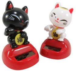Cute Solar Powered Dancing Lucky Cats Desk And Dashboard D Cor 3.1 X 2 Black White Red Set Of 2