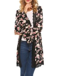 Womens Mofavor Floral Print Flare Sleeve Kimono Cardigan Lace Patchwork Cover Up Blouse FLORAL-1 XL