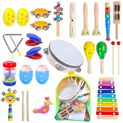 Rabing Kids Musical Instruments 27PCS 15 Types Children's Musical Instruments Learning Musical Wooden Toys Preschool Education Tambourine Xylophone Birthday Gifts For Toddler
