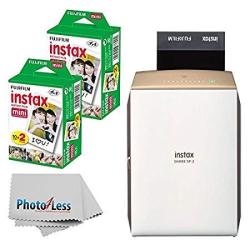Fujifilm Instax Share Smartphone Printer SP-2 Gold + MINI Twin Pack Instant Film 40 Shots + PHOTO4LESS Cleaning Cloth + Instant Printer Bundle