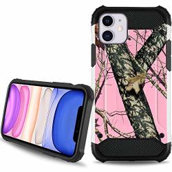Casesondeck Pink Case Compatible With Apple Iphone 11 6.1" Iphone Xi Duo Armor Camo Hunter Series Dual Layer White Carbon Fiber Texture Shock Case Pink Hunters Camo