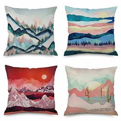 SET OF 4 Venusl Classical Retro Japanese Style Marble Texture Decorative Throw Pillow Covers Moutain Forest Scenery Red Sun One-side Printed Cotton Linen 18X18