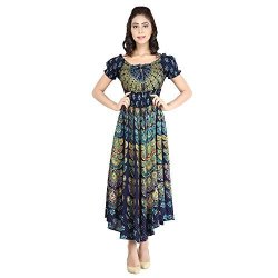 Fashion Farmers Women's Long Dress With Beautiful Peacock Feather Print On Rayon . Long Maxi Dress With Regnal Sleeves And Umbrella Bottom... Blue
