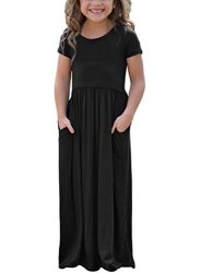 Solo Pop Girls Short Sleeve Long Maxi Dress Round Neck Pocket Summer Casual Party Dresses Black 10-11 Years