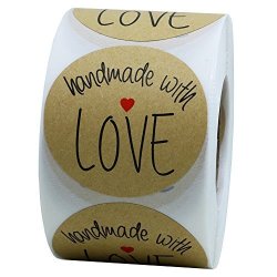 Hybsk Kraft Handmade With Love Stickers With Black Font Total 2" Round 300 Adhesive Labels Per Roll