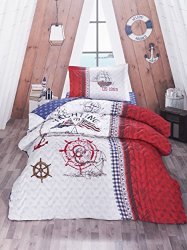 Alesta Yachting 100% Cotton Full twin Size Multifunctional Four Season Nautical Bedding Set Quilted Bedspread duvet Cover Set 3 Pcs Red Blue White