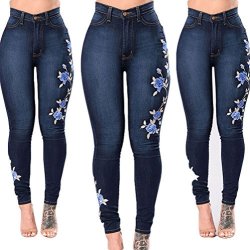 Usgreatgorgeous Women Floral Print Rose Embroidered High Waist Ripped Denim Skinny Denim Jeans Asian 2XL=US XL Blue Embroidered