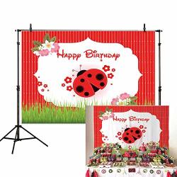 Allenjoy 7X5FT Happy Birthday Backdrop Girls First Party Supplies Ladybird Baby Shower Photography Backdrop Red Flower Green Meadow Princess Photo Background Studio Prop