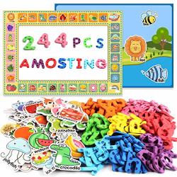 Amosting Alphabet Magnets Toddler Toys Educational Magnetic Letters 244PCS Refrigerator Magnet For Preschool Learning Numbers Farm Animal Spelling Abc For Kids With Board