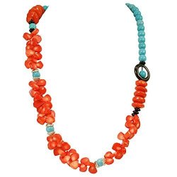 NY6DESIGN 002 Blue Magnesite Turquoise Orange-red Coral & Black Onyx Beads Long Necklace 30" N16081003