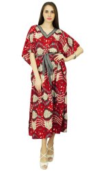 Phagun Womens Caftan Tie-dyed Polyester Red & Biege Bohemian Kaftan Night Wear Long Dress PKFL54A