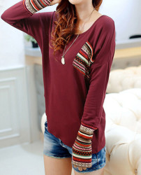 Women's Red Patterned Long Sleeve T-shirt