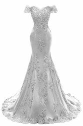 Asoiree Women's Off Shoulder Evening Gown Lace Mermaid Beading Sequins Appliques Prom Dresses Crystal Sweetheart Sleeves Silver