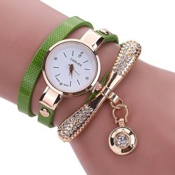 Han Shi Watch Fashion Women Leather Rhinestone Analog Quartz Wrist Watches Strap Bracelet M Green