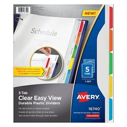 Avery Clear Easy View Durable Plastic Dividers 5 Tabs 16740