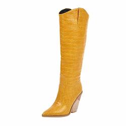 Henwerd Women's Chunky Heel Knee High Boots Comfortable Pointed Toe Western Cowboy Boots Yellow 8 Us