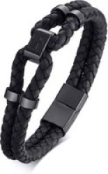 Killer Deals Double Layered Woven braided Genuine Leather Bracelet With Cross Detail M l - Black
