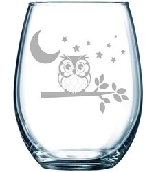 Owl With Moon And Stars Stemless Wine Glass