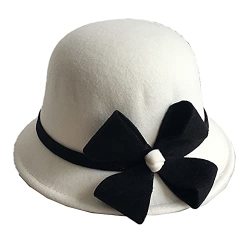 Amerstar Women 1920S Vintage Wool Felt Flowers Bucket Cloche Bowler Hat Church Wedding Dress Fascinator Hat Winter Felt Fedoras FF000WHITEBF 5 3 4