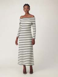 Louise Long Sleeve Midi Dress - 16 Cream black Stripe