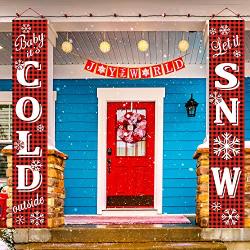 2 Pieces Christmas Porch Sign Baby It's Cold Outside let It Snow Banner Christmas Banner Decoration Red And Black Plaid Banner Christmas Door Banner Welcome