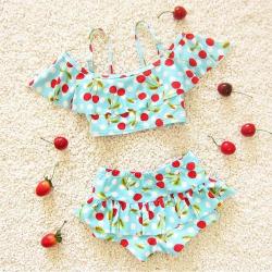Baby Girl Bikini 2 Pieces Cherry Pattern Tankinis Set Cute Swimsuit Size: M Blue
