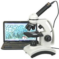 AmScope M160c-2l-pb10-e2 Digital Cordless Compound Monocular Microscope Wf10x And Wf25x Eyepieces 40x-1000x Magnification Upper And Lower Led Illumination With Rheostat Brightfield Single-lens Condenser Coaxial
