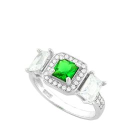 Princess Emerald Created 1.5 Ct & 2 Pieces Diamonds 925 Sterling Silver Ring