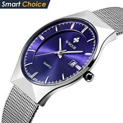 Wwoor Stainless Steel Watch Men Mesh Belt Calendar Quartz Watch Coupons For Top Brand Luxury 003 Blue