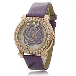 Stylish Rose Flower Design Alloy & Rhinestone Case Women Watch With Pu Leather Watchband Purple