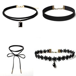 Set Of 4 Necklace For Women Perman Stretch Velvet Classic Gothic Tattoo Lace Choker